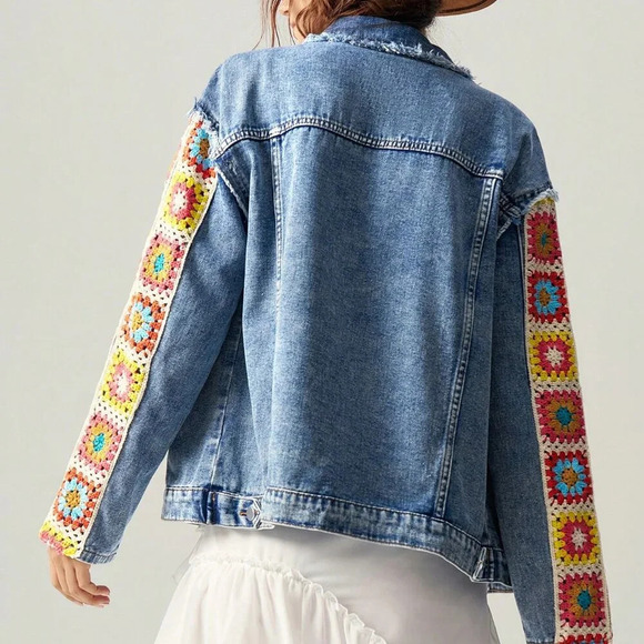 Boho Women's Floral Print Drop Shoulder Long Sleeve Woven denim Jacket Blue - Picture 3 of 8